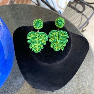 Beaded Post Green Leaves Earrings